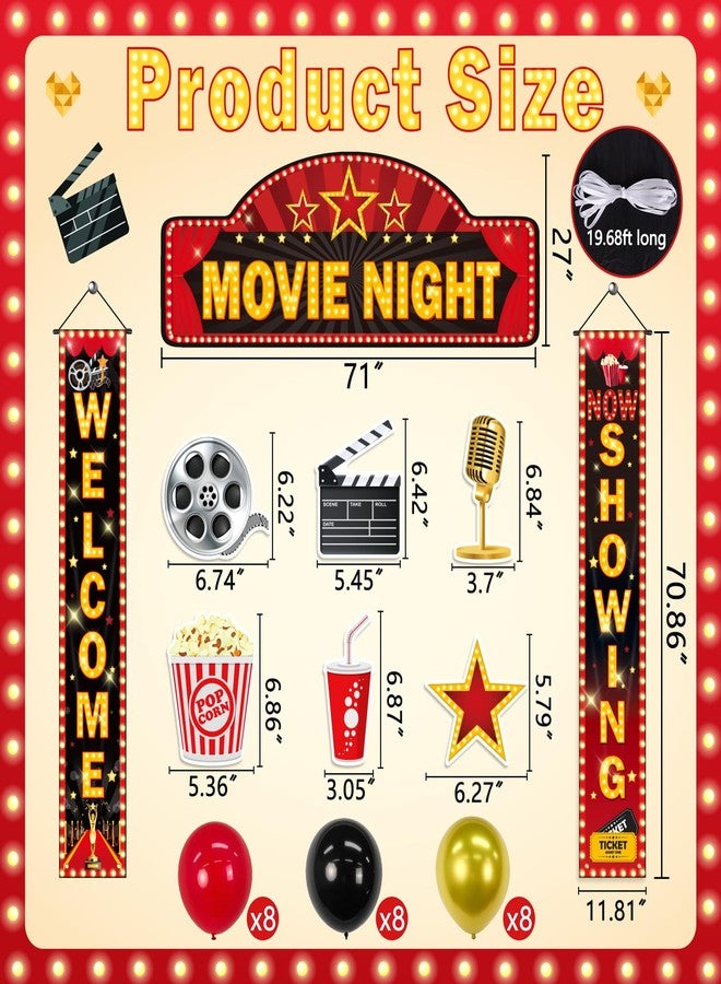 Freesdai Movie Night Party Decorations Set- 3pcs Red Home Theater Porch Sign Banner with 24 Balloons, 6 Props for Birthday Supplies, Door Backdrop - Image 4