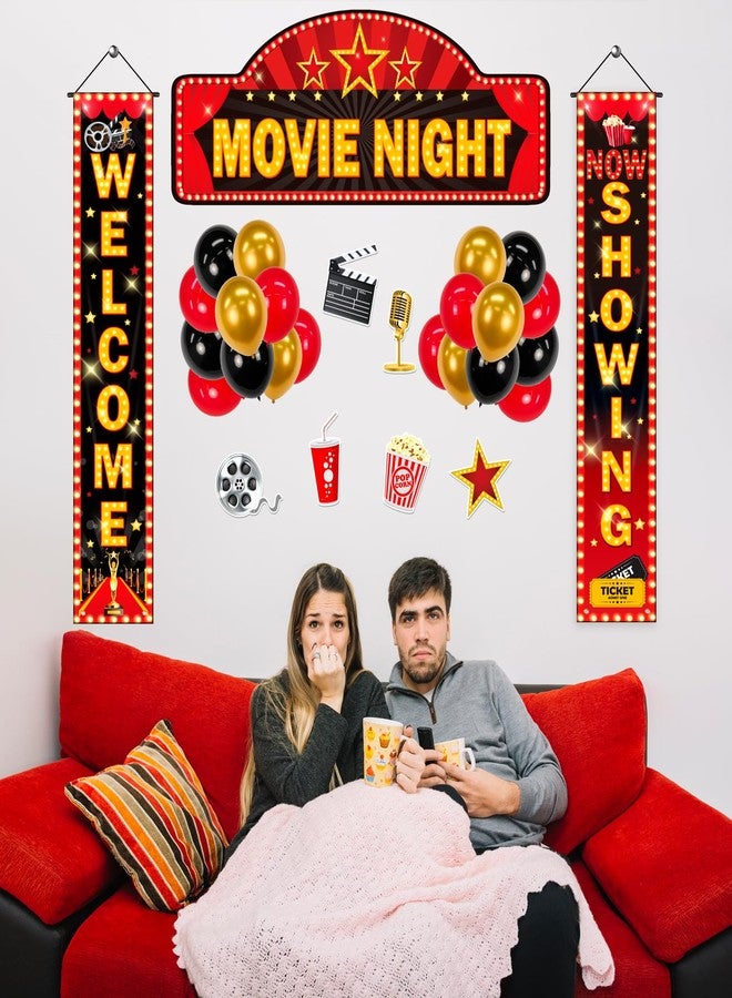 Freesdai Movie Night Party Decorations Set- 3pcs Red Home Theater Porch Sign Banner with 24 Balloons, 6 Props for Birthday Supplies, Door Backdrop - Image 2