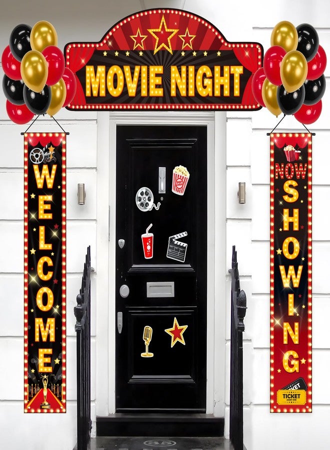 Freesdai Movie Night Party Decorations Set- 3pcs Red Home Theater Porch Sign Banner with 24 Balloons, 6 Props for Birthday Supplies, Door Backdrop - Image 3
