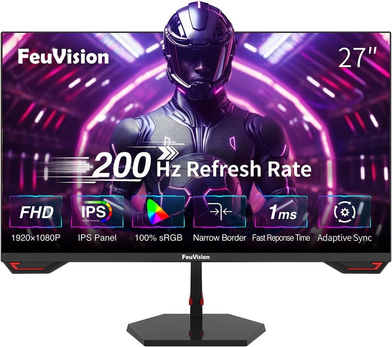 شاشة كمبيوتر FeuVision مقاس 27 بوصة، دقة FHD 1080p، تردد 200 هرتز / 180 هرتز، لوحة IPS، شاشة للمكاتب والألعاب، زمن استجابة 1 مللي ثانية، بدون إطار من ثلاث جهات، فائقة النحافة، قابلة للتركيب على حامل VESA، تصميم مضاد للضوء الأزرق، منافذ HDMI و DP - Image 1