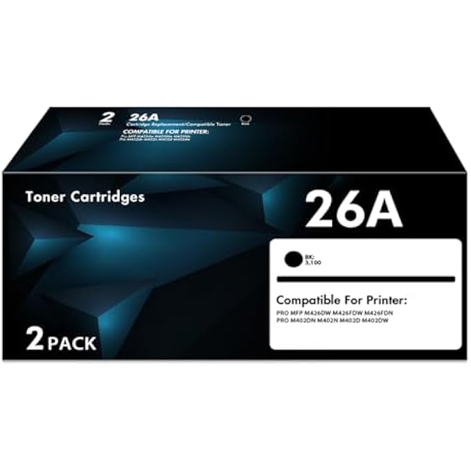 CF226A 26A TONER CARTRIDGE BLACK COMPATIBLE REPLACEMENT FOR HP 26A 26X CF226X WORK WITH LASERJET PRO M402DW M402N M402DN M402D PRO MFP M426FDW M426FDN M426DW M402 M426 PRINTER INK 2 PACK - Image 1