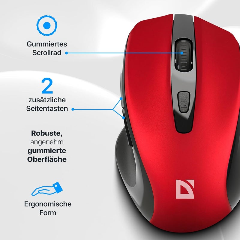Defender Prime MB-053 Wireless Optical Mouse, Ergonomic Silent Click Office Mouse with PixArt Sensor & 6 Buttons (Red) - Image 5