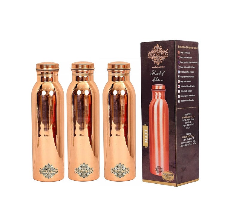 INDIAN ART VILLA INDIAN ART VILLA Pure Copper Leak Proof Bottle with Plain Shine Finish Design Drinkware Storage Purpose Ayurvedic Health Benefits Volume1 litre Set of 3  - Image 1
