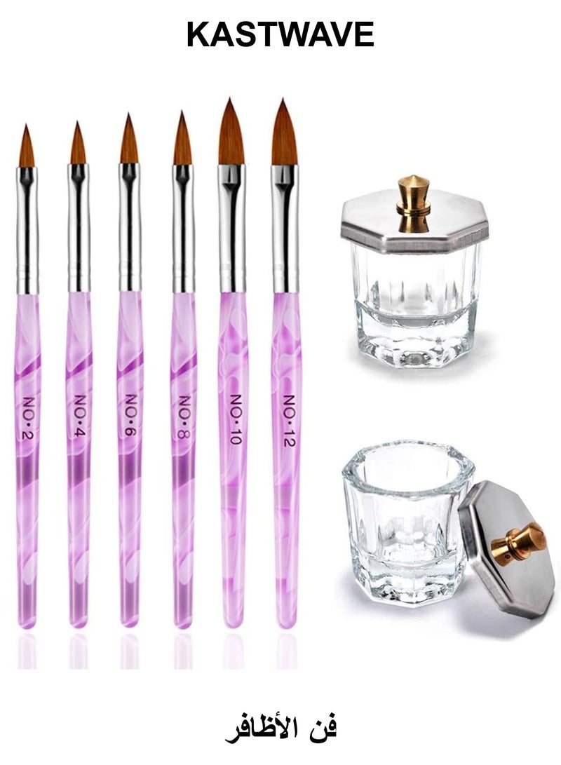 KASTWAVE 2Pcs Nail Art Dappen Dish with 6Pcs Acrylic Nail Brush Set, Acrylic Liquid Powder Styling Tool, Mini Glass Nail Cup with Lid Glass Crystal Bowl Acrylic UV Gel DIY Brush Nail Crystal Cup Set - Image 1