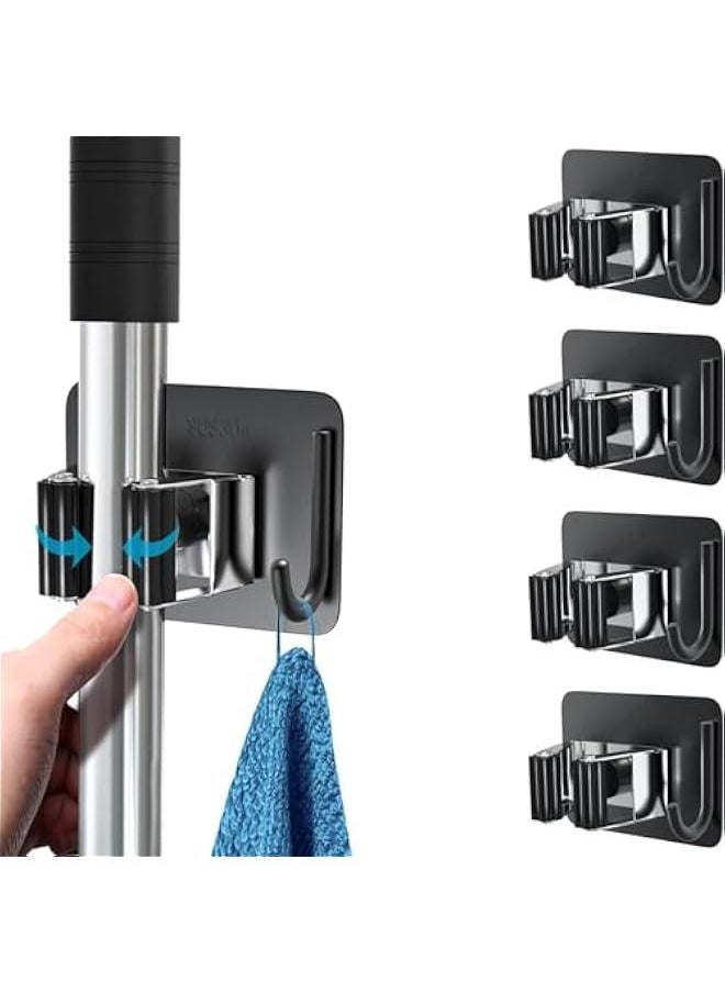 HOOKOR Mop Broom Holder No Drill, Mop Broom Organizer Wall Mounted Heavy Duty with Hooks Hanger, Self Adhesive Stainless Steel for Bathroom, Kitchen, Office,5 Pack (Black)  - Image 1