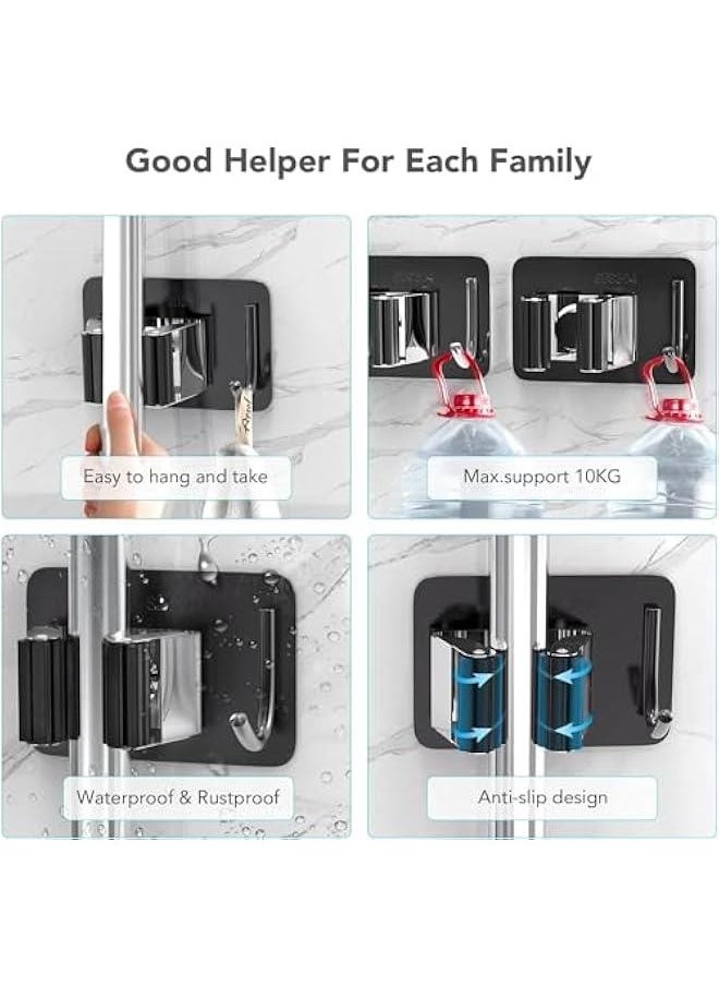 HOOKOR Mop Broom Holder No Drill, Mop Broom Organizer Wall Mounted Heavy Duty with Hooks Hanger, Self Adhesive Stainless Steel for Bathroom, Kitchen, Office,5 Pack (Black)  - Image 5