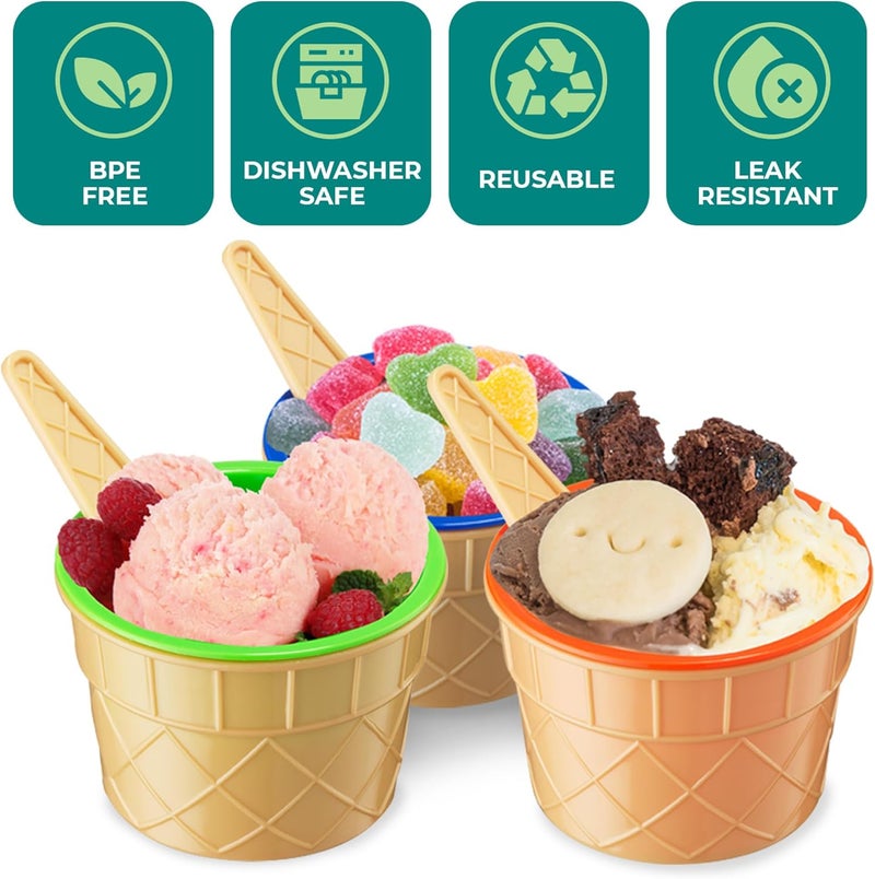 JoyServe Ice Cream Bowls and Spoons Set  Pack of 6 Reusable Plastic Ice Cream Cups and Waffle Cone Shaped Spoons for Dessert Frozen Yogurt Gelato Birthday Party Decorations - Image 4