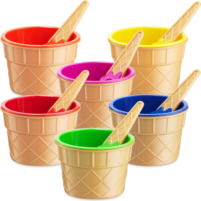 JoyServe Ice Cream Bowls and Spoons Set  Pack of 6 Reusable Plastic Ice Cream Cups and Waffle Cone Shaped Spoons for Dessert Frozen Yogurt Gelato Birthday Party Decorations - Image 1