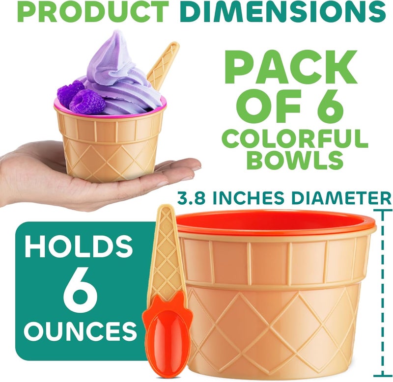 JoyServe Ice Cream Bowls and Spoons Set  Pack of 6 Reusable Plastic Ice Cream Cups and Waffle Cone Shaped Spoons for Dessert Frozen Yogurt Gelato Birthday Party Decorations - Image 3