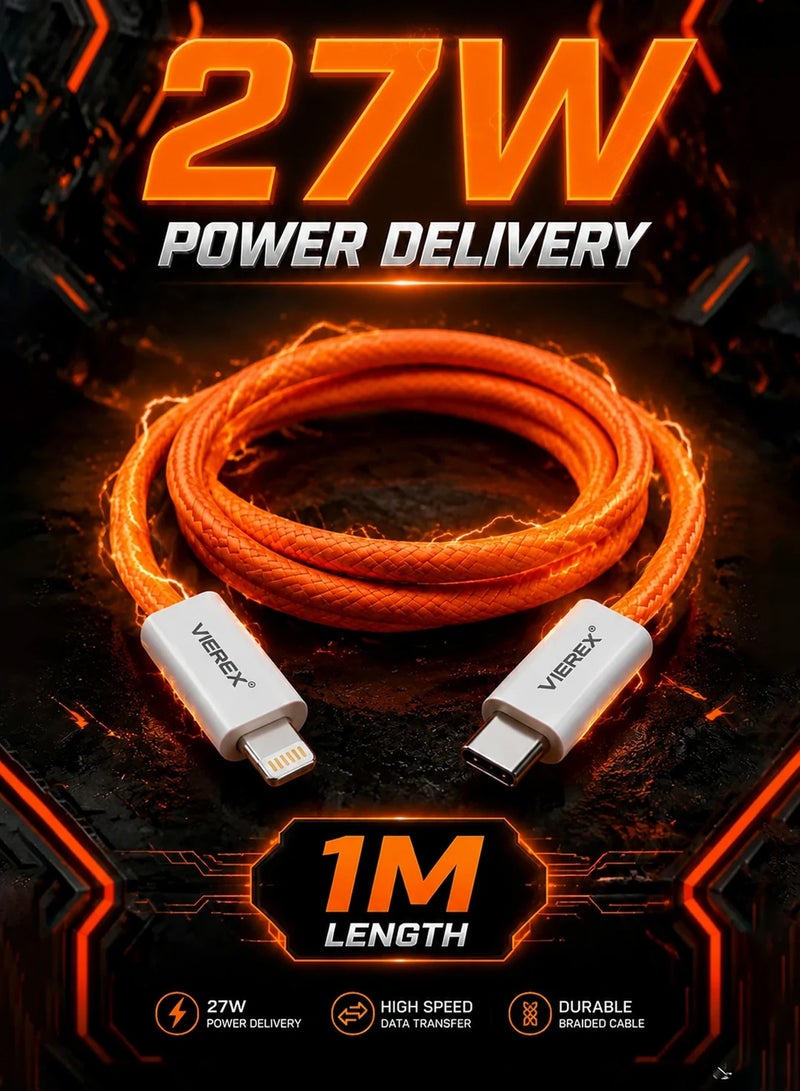 Vierex VC-21 PD 27W Fast Charging Lightning Cable – USB-C to Lightning Data Sync & Charge, 1m - Image 1