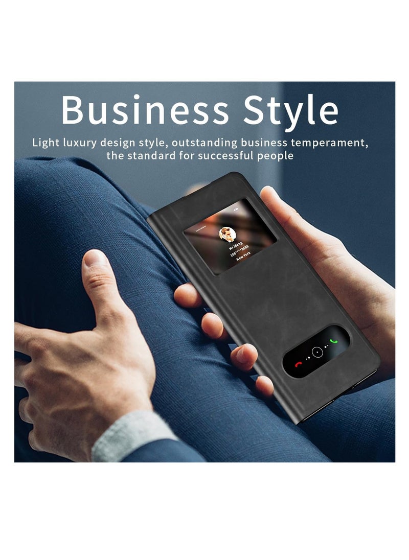 Aookay - For Samsung Galaxy Z Fold 6 Magnetic Flip Folding Case, Open Window Design, Premium Luxury Business Nappa Leather, Hidden Stand Full Body Hinge Protection Ultra-thin Case (Z Fold 6 Black) - Image 1