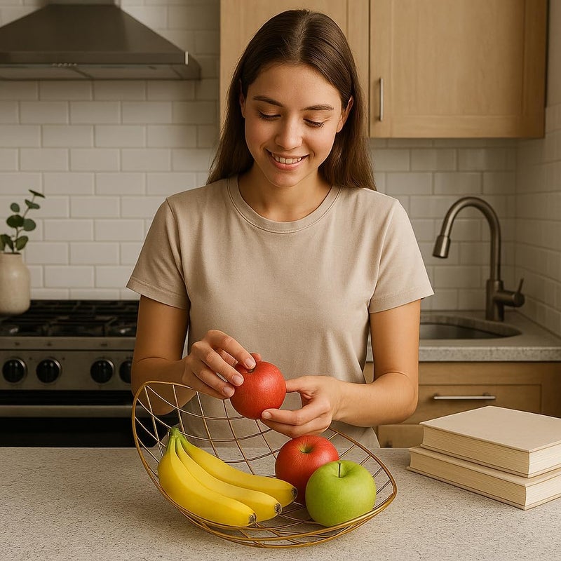 BS سلة فواكه سلكية ذهبية من B&S - تخزين معدني أنيق للفواكه والخضروات والوجبات الخفيفة - تصميم عصري أنيق للمطبخ وديكور المنزل - Image 3