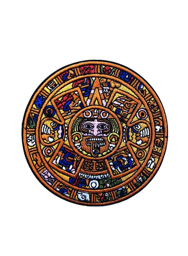 OYSTERBOY 3.5 Inch Hook & Loop Backing Applique Decorative Patch Well Made Premium Quality 100% Threads Embroidered Aztec Mayan Doomsday Calendar Mexica Sun Stone Piedra Del Sol For Diy Gifts Clothing - Image 1
