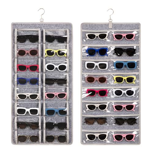 KGMCARE Dual Sided Sunglasses Storage organizer case, Eyeglasses Holder Wall Mounted with 32 Clear Slots & Metal Hook, Dust Proof Sunglasses Storage Case - Image 1