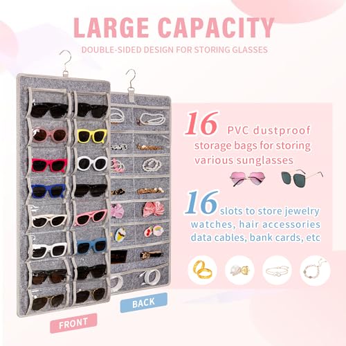 KGMCARE Dual Sided Sunglasses Storage organizer case, Eyeglasses Holder Wall Mounted with 32 Clear Slots & Metal Hook, Dust Proof Sunglasses Storage Case - Image 2