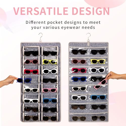 KGMCARE Dual Sided Sunglasses Storage organizer case, Eyeglasses Holder Wall Mounted with 32 Clear Slots & Metal Hook, Dust Proof Sunglasses Storage Case - Image 4