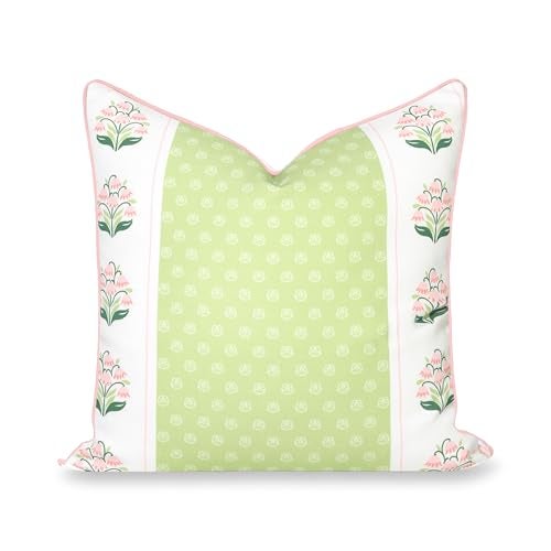 Hofdeco Premium Grandmillennial Patio Indoor Outdoor Throw Pillow Cover Only 20x20 Water Repellent for Backyard Couch Poolside Grass Green Pink Print Block Print Striped Lily of the Valley - Image 1