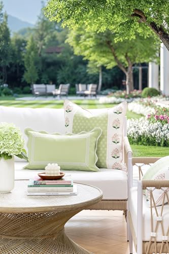 Hofdeco Premium Grandmillennial Patio Indoor Outdoor Throw Pillow Cover Only 20x20 Water Repellent for Backyard Couch Poolside Grass Green Pink Print Block Print Striped Lily of the Valley - Image 3