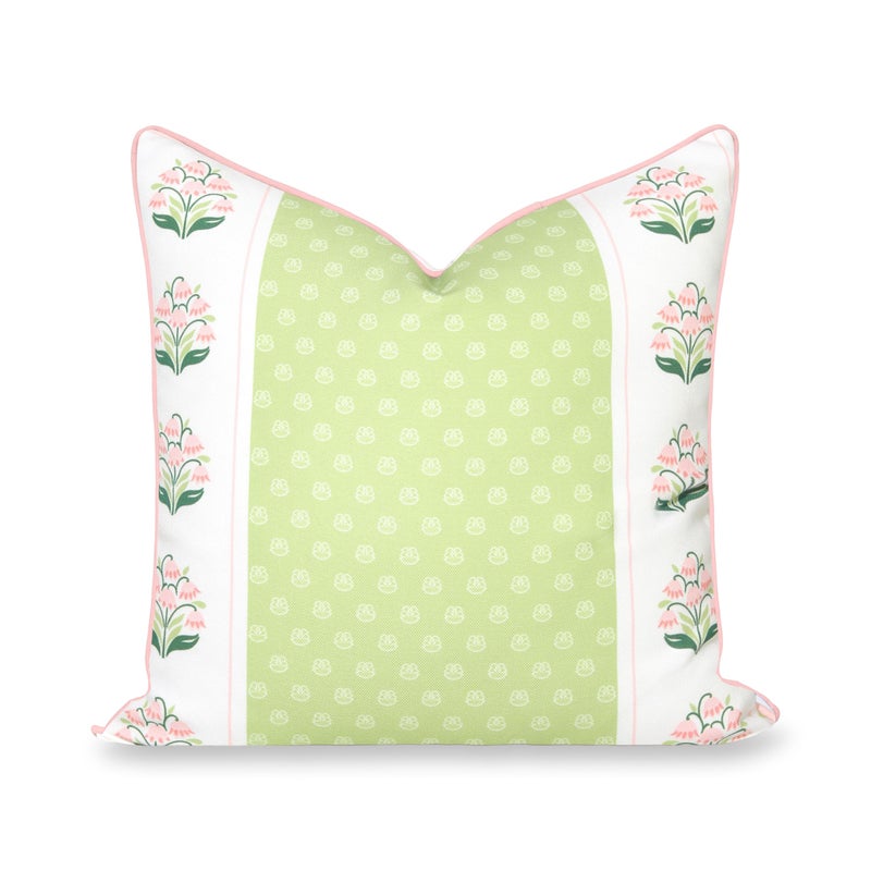 Hofdeco Premium Grandmillennial Patio Indoor Outdoor Throw Pillow Cover Only 20x20 Water Repellent for Backyard Couch Poolside Grass Green Pink Print Block Print Striped Lily of the Valley - Image 2