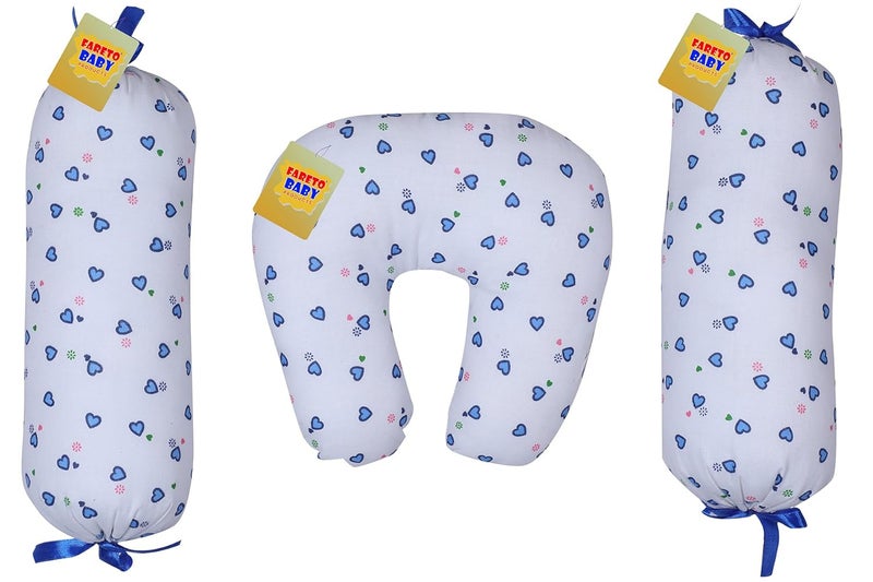 Fareto Cotton Baby Combo of Baby Soft U-Shape Pillow & 2 Matching Lot Pillows/Recorn Filling Soft Pillow (0-3 Months) (Blue) - Image 1