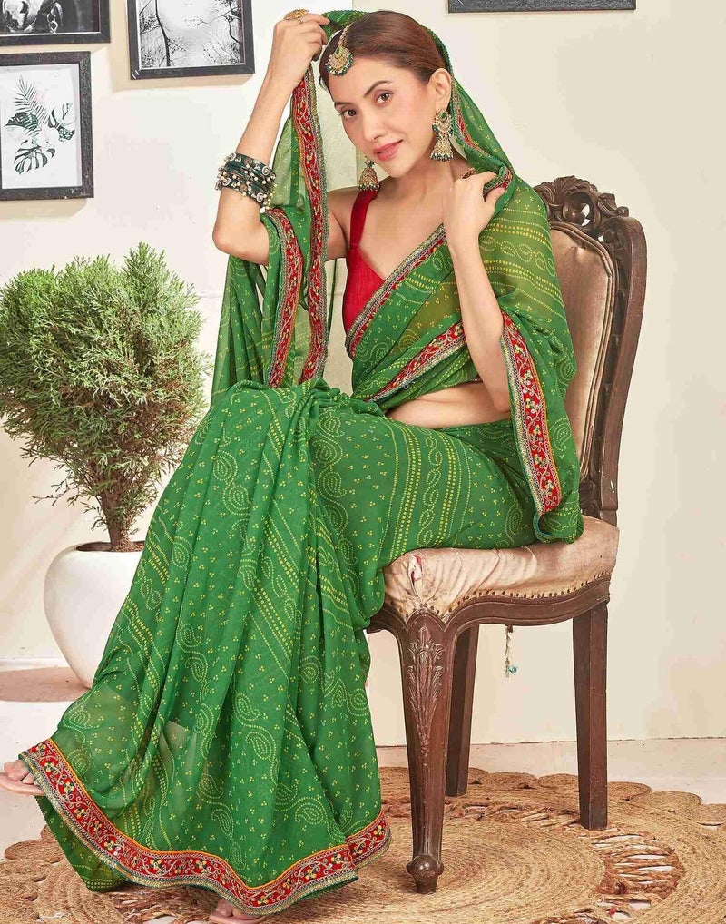 Shiv Textiles Women's Georgette Bandhani Printed & Lace Border Saree(SAT-534S-L GREEN) - Image 4