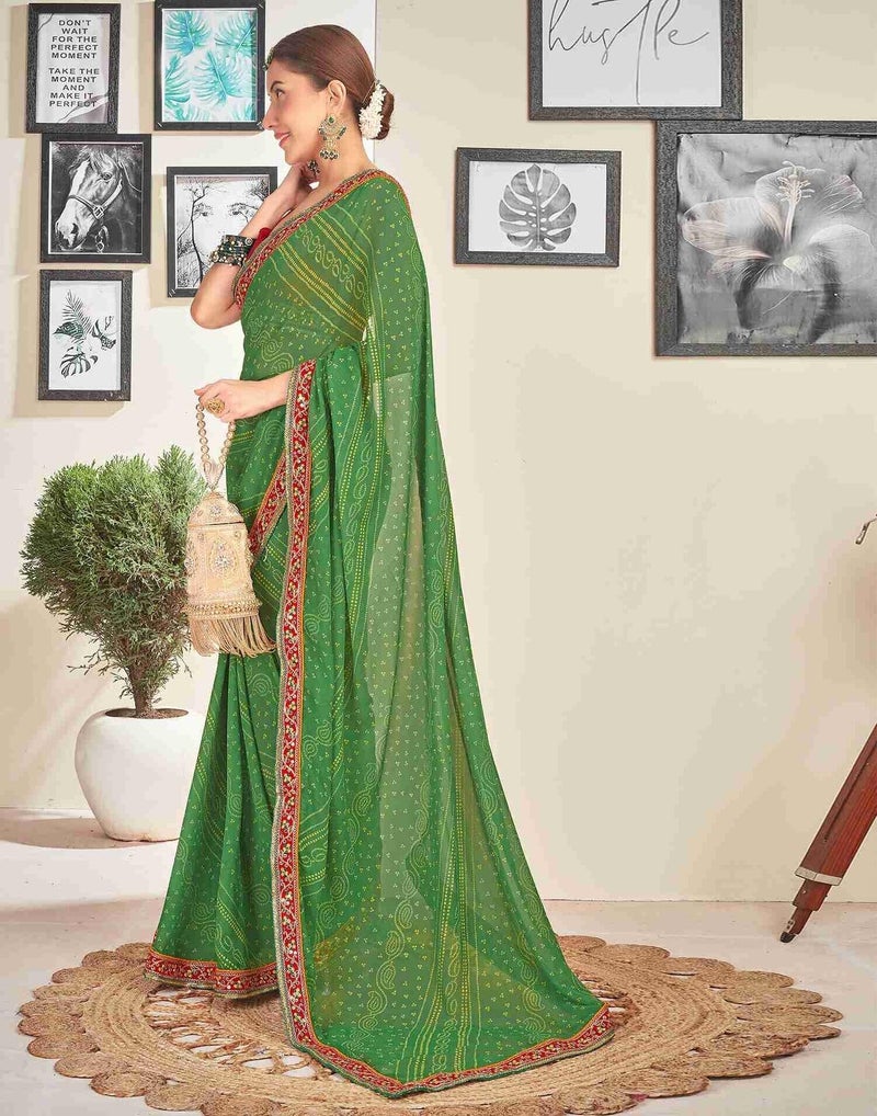 Shiv Textiles Women's Georgette Bandhani Printed & Lace Border Saree(SAT-534S-L GREEN) - Image 2
