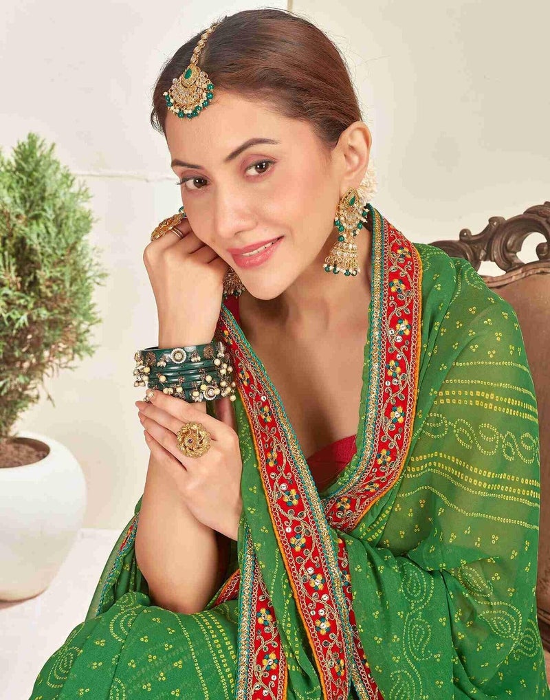 Shiv Textiles Women's Georgette Bandhani Printed & Lace Border Saree(SAT-534S-L GREEN) - Image 5