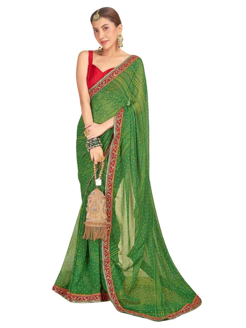 Shiv Textiles Women's Georgette Bandhani Printed & Lace Border Saree(SAT-534S-L GREEN) - Image 1