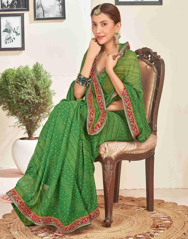 Shiv Textiles Women's Georgette Bandhani Printed & Lace Border Saree(SAT-534S-L GREEN) - Image 3