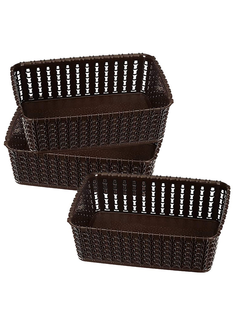 Kuber Industries Heart Home Multiuses Small M 15 Plastic Tray/Basket/Organizer Without Lid- Pack of 3 (Brown) -46HH0113  - Image 1