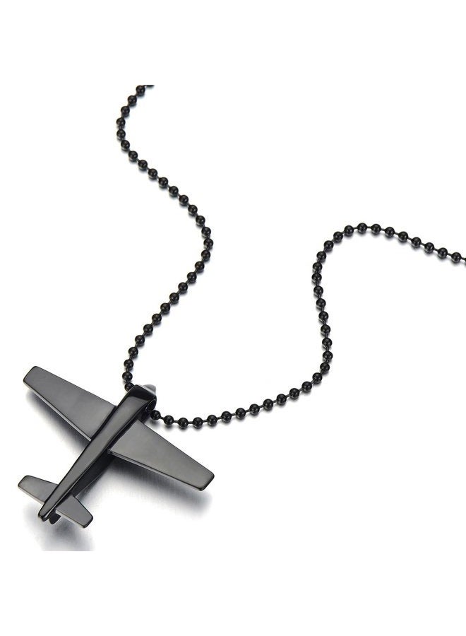 COOLSTEELANDBEYOND Stainless Steel Black Airplane Pendant Necklace for Men Boys with 23.6 inches Steel Ball Chain - Image 2