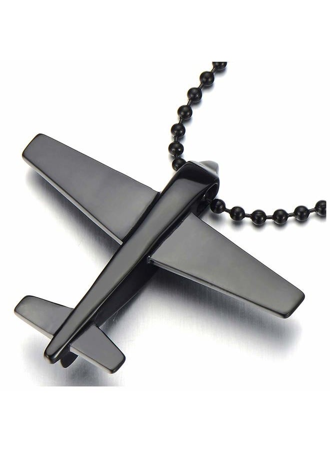 COOLSTEELANDBEYOND Stainless Steel Black Airplane Pendant Necklace for Men Boys with 23.6 inches Steel Ball Chain - Image 1