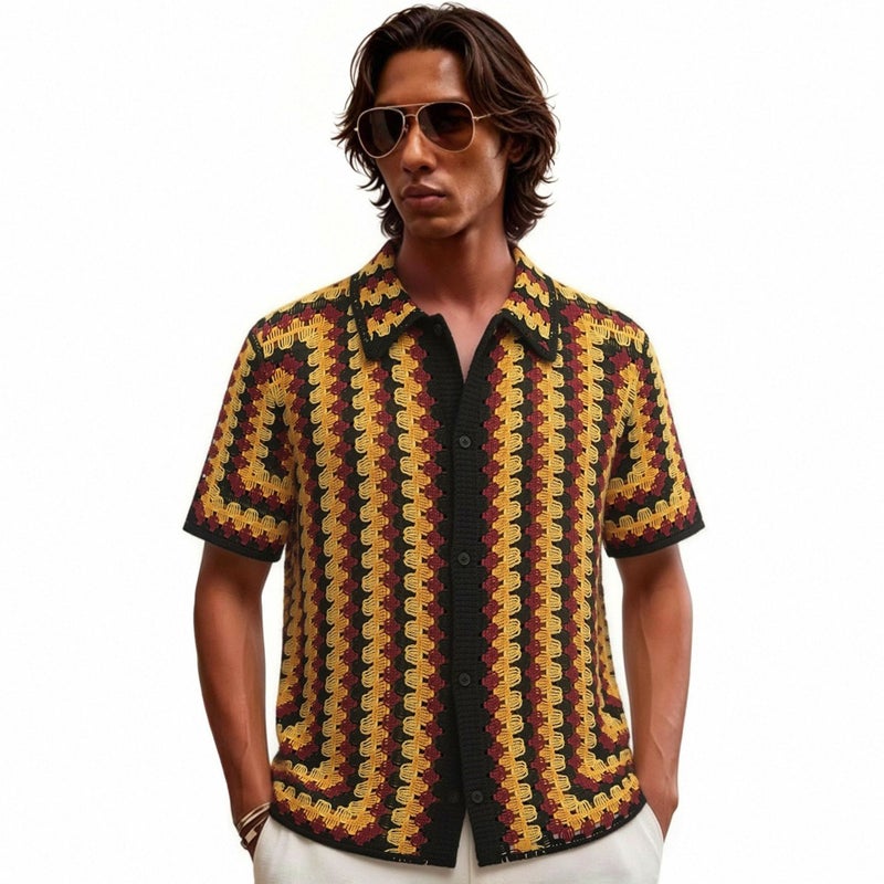 Men's Striped Hollow Knit Short Sleeve Polo Shirt - Image 1
