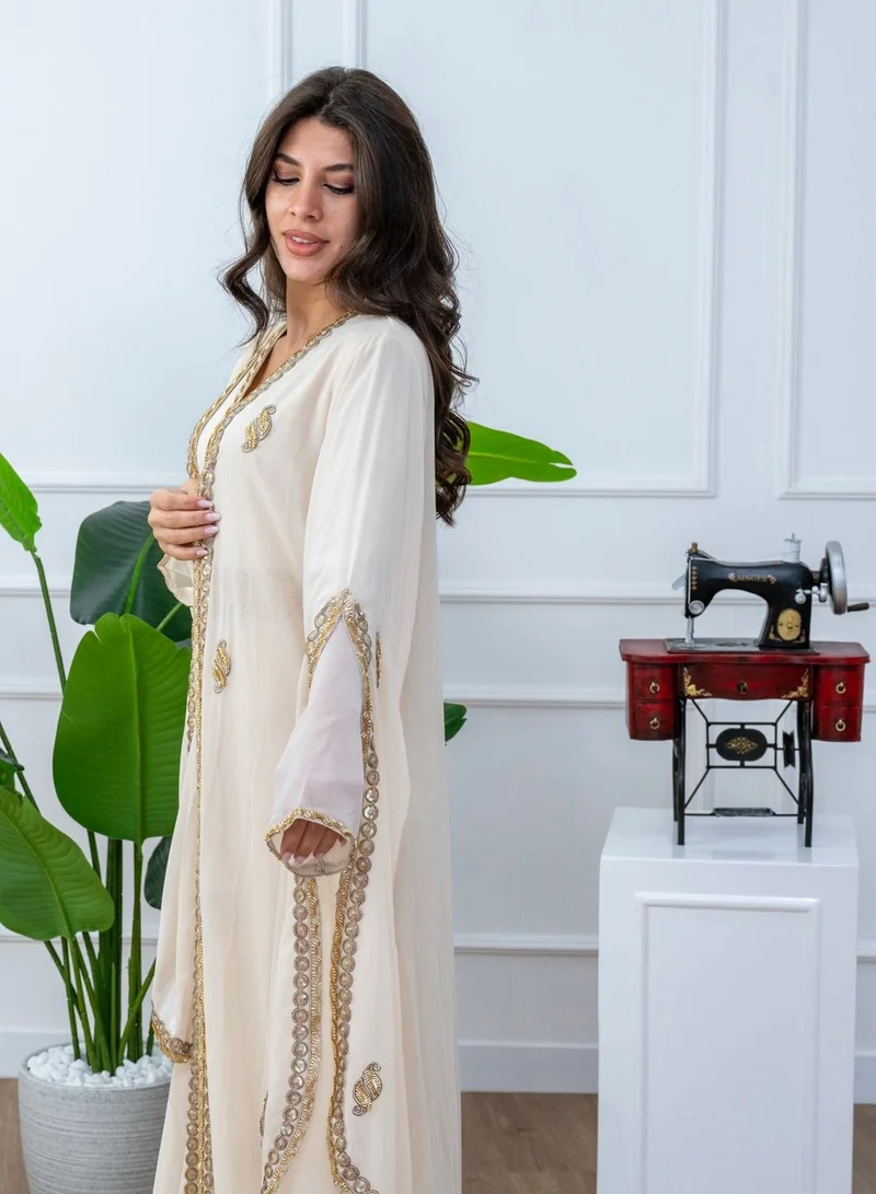AL BENT AL SHARQIEH beige embroidered kaftan dress jalabia for Women | Best Price UAE