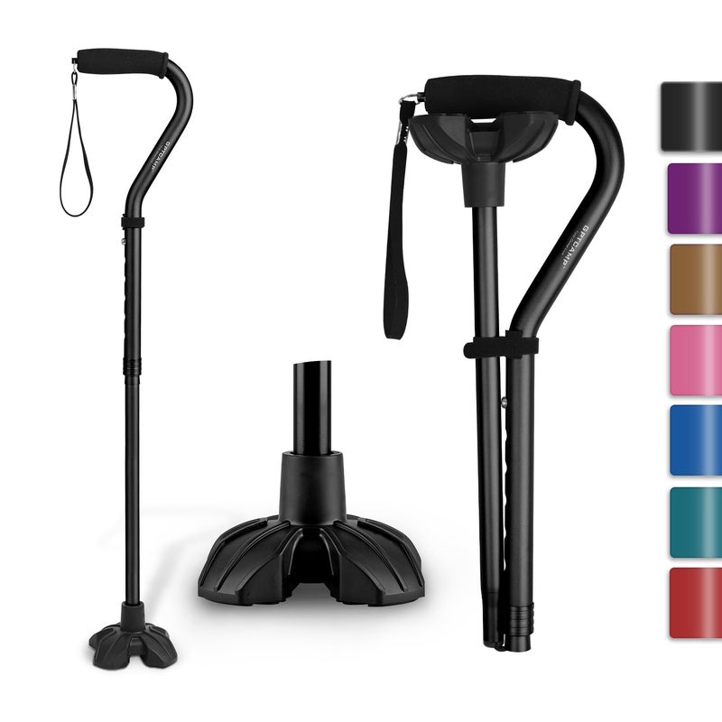 GPTCAMP G1 Walking Stick, Walking Cane for Women & Men with Wrist Strap, Lightweight & Sturdy Offset EVA Handle, Large Quad Base, Self Standing for Seniors and People with Injuries & Recovery - Image 1