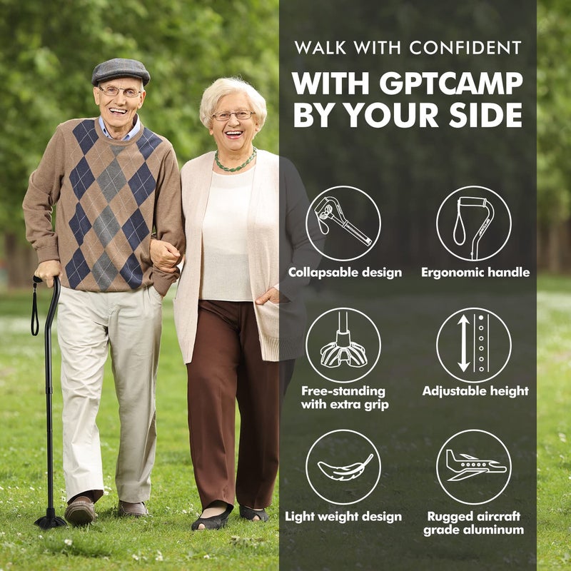 GPTCAMP G1 Walking Stick, Walking Cane for Women & Men with Wrist Strap, Lightweight & Sturdy Offset EVA Handle, Large Quad Base, Self Standing for Seniors and People with Injuries & Recovery - Image 2