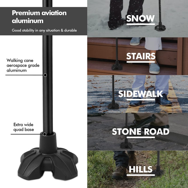 GPTCAMP G1 Walking Stick, Walking Cane for Women & Men with Wrist Strap, Lightweight & Sturdy Offset EVA Handle, Large Quad Base, Self Standing for Seniors and People with Injuries & Recovery - Image 3
