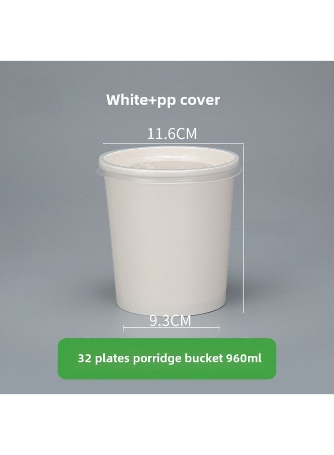 Disposable Paper Bowl Meal Box Kraft Paper Soup Bucket Round Bucking Box Without Lid Take-away Box Bucking Bowl Soup Bowl Porridge Cup-Color:32 Oz White Porridge Bucket + Pp Lid - Image 1
