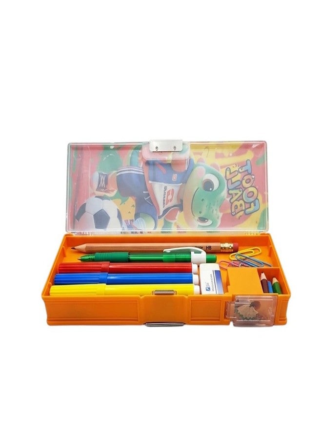BLLUEX Multifunctional Magnetic Pencil Box for Kids | Double-Sided Geometry/Pencil Case with Compass & Sharpener | Plastic Pen & Pencil Organizer | Birthday Gift for Students (Foot Ball - Orange) - Image 1