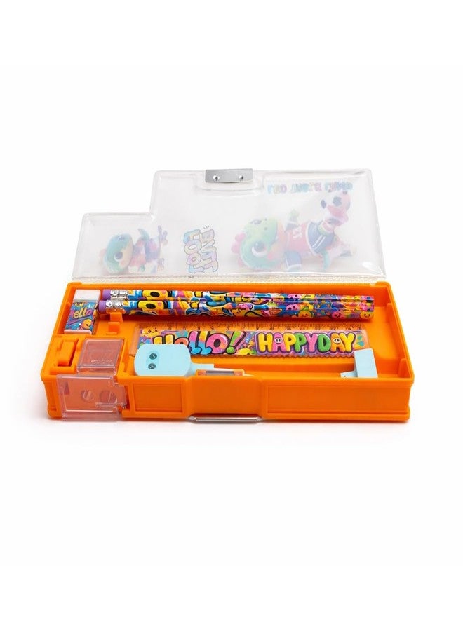 BLLUEX Multifunctional Magnetic Pencil Box for Kids | Double-Sided Geometry/Pencil Case with Compass & Sharpener | Plastic Pen & Pencil Organizer | Birthday Gift for Students (Foot Ball - Orange) - Image 2