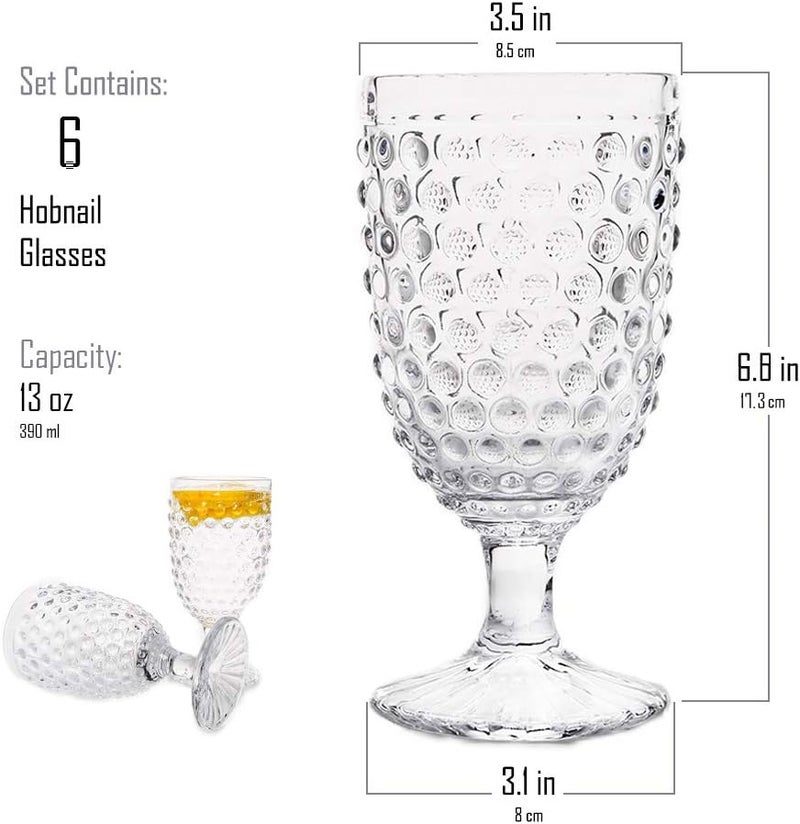G Hobnail Drinking Glasses 6 Set, 13.3 oz Vintage Water Goblets Iced Tea Beverage Goblets Hobnail Glassware,Hobnail Goblet Glasses,Glass Cups for Wine,Soda,Juice,Dinner Parties,Bars, Restaurants Clear - Image 2