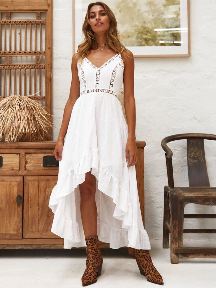 2021 Europe and the United States new sling v-neck sexy hollow stitching lace waist dress white S - Image 4