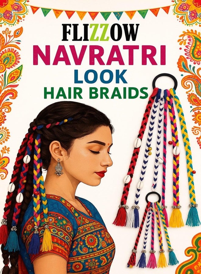 FLIZZOW 5 PCS Navratri Look Hair Braids with Rubber Bands Girl and Women, Hair Accessory for Everyday Style and Rainbow Color Braids Extensions Hair Color | Boho Chic Style (Multicolour) - Image 2