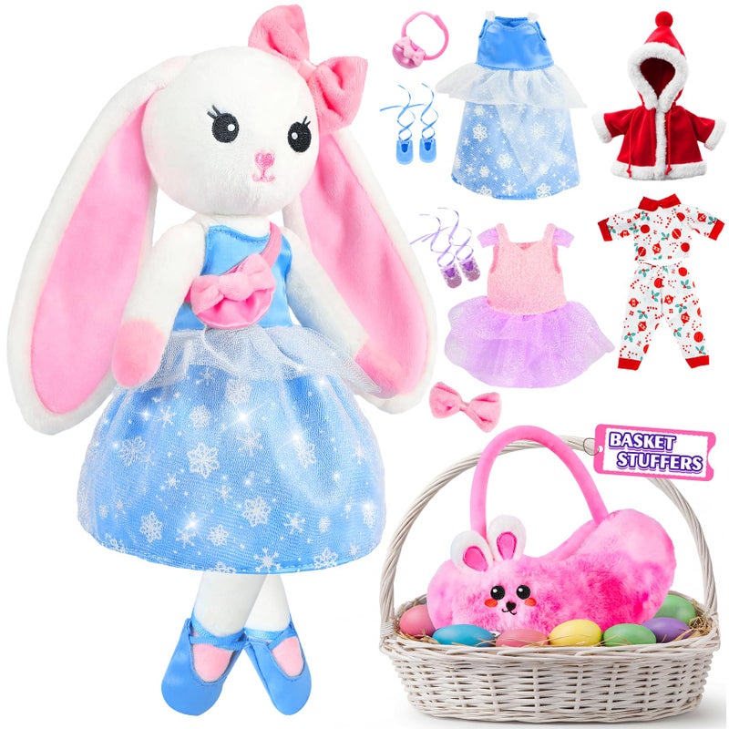 URMYWO Ballerina Doll Stuffed Animal Girl Toys Age 3-8, Rabbit Ballet Dress Up Doll Toys, Easter Basket Stuffers, Kids Pretend Play with 4 Set Clothes, Plush Bag, Easter Gifts for 3 4 5 6 7 8 Year Old Girls - Image 1