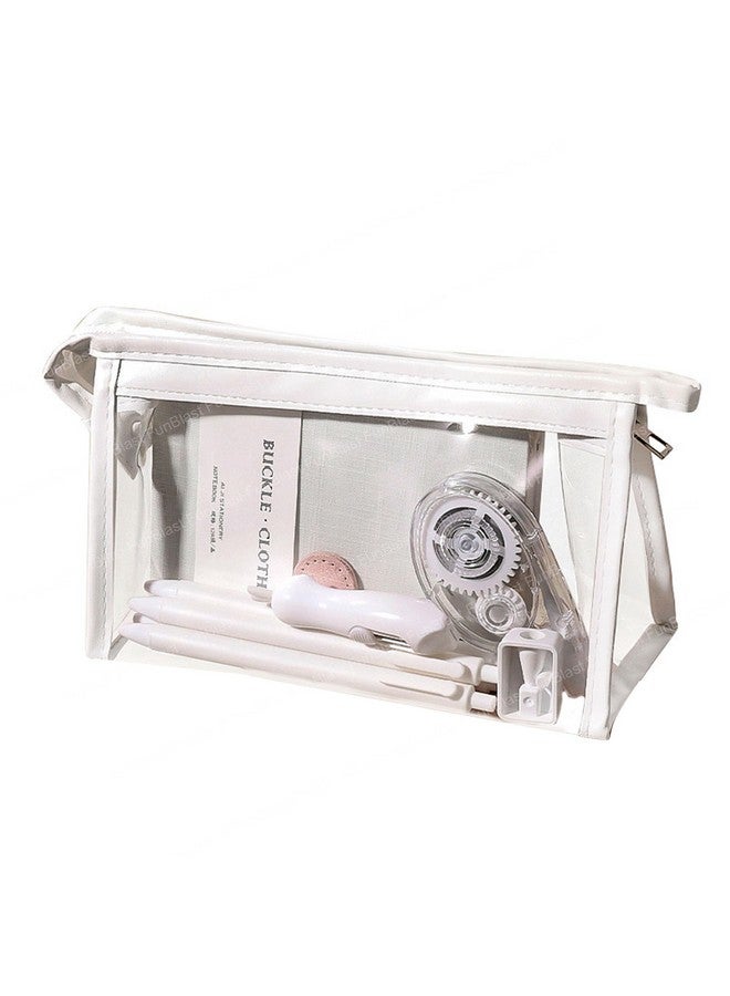 FunBlast Large Capacity Pvc Pencil Bag, Transparent Pencil Pouch With Zipper Closure Portable Makeup Pouch, Cute Stationery Bag For Students Girls Adults Office (White) - Image 1