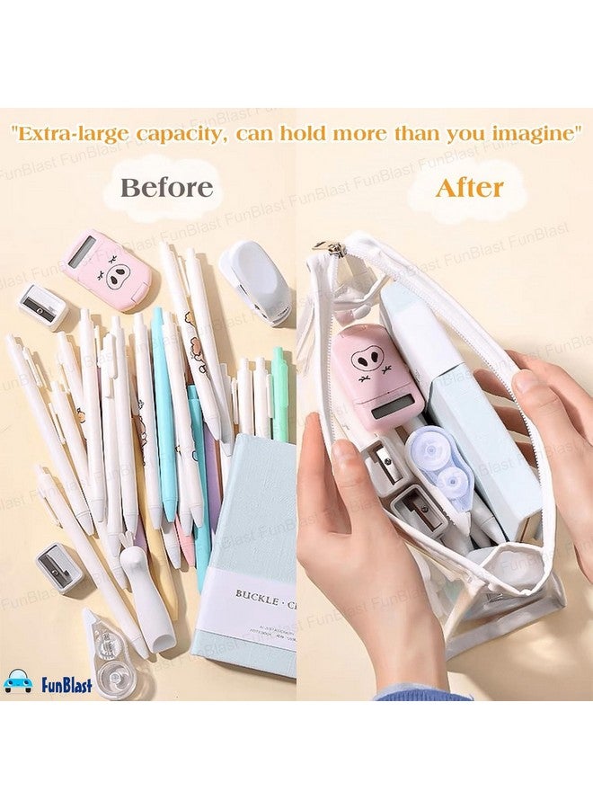 FunBlast Large Capacity Pvc Pencil Bag, Transparent Pencil Pouch With Zipper Closure Portable Makeup Pouch, Cute Stationery Bag For Students Girls Adults Office (White) - Image 4