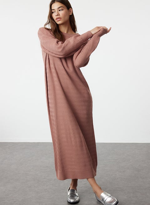 Dusty Rose Self-Patterned Knitwear Dress