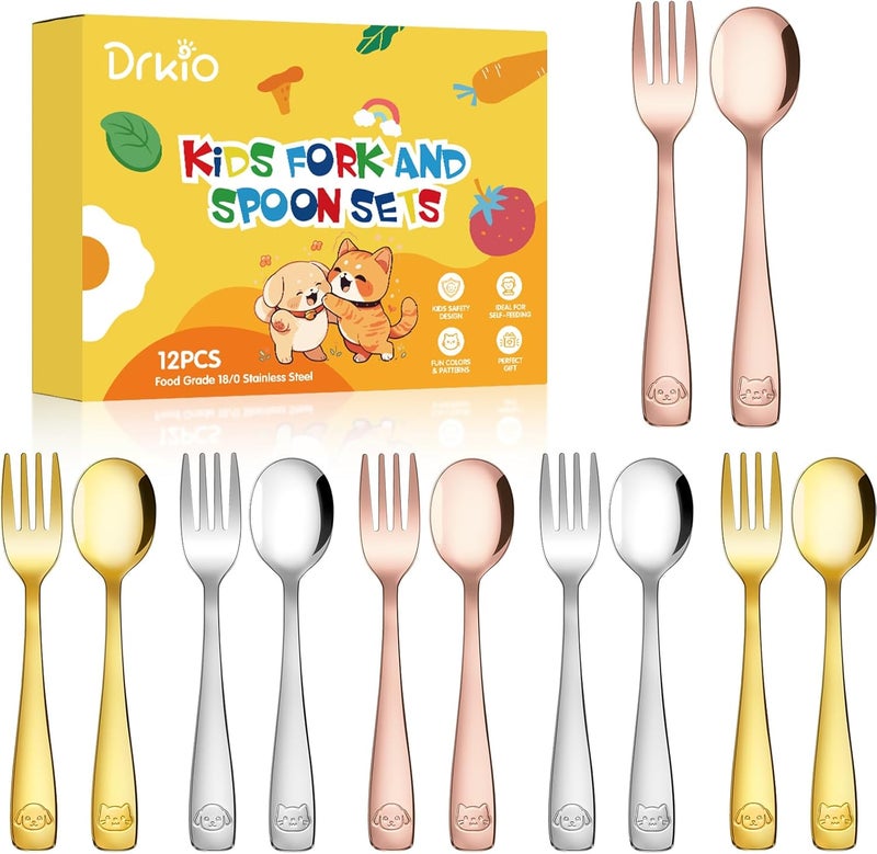 DRKIO طقم أدوات تناول الطعام للأطفال من DRKIO من الفولاذ المقاوم للصدأ 12 قطعة طقم أدوات مائدة للأطفال آمن للطعام ملاعق وشوك صغيرة آمنة للأطفال قابلة للغسل في غسالة الصحون مصقولة بلمعان - Image 1