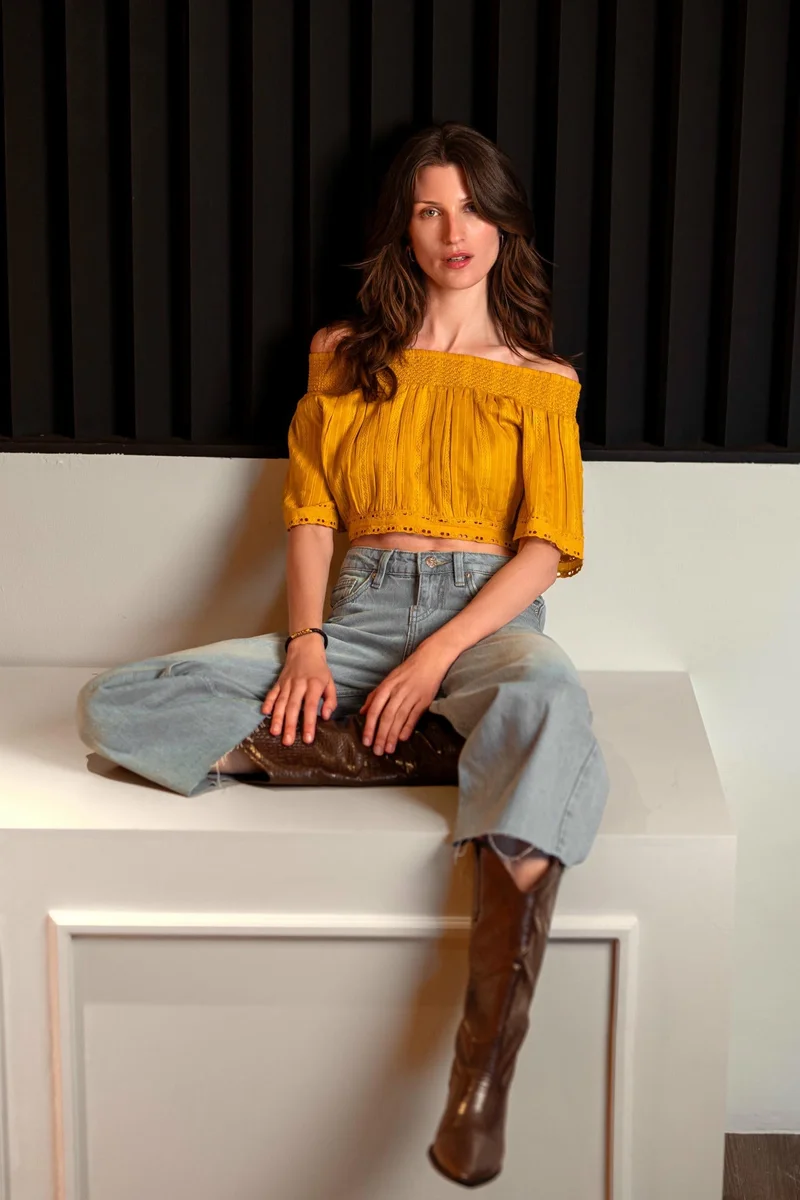 Virgio Solid Cotton Cropped Off-Shoulder Top for Women