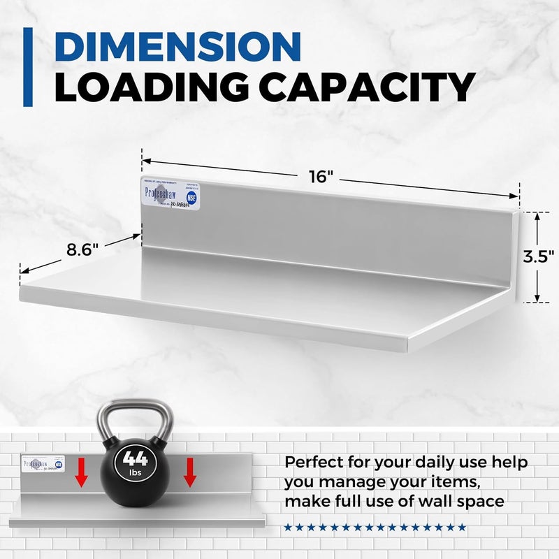 Profeeshaw Stainless Steel Shelf Wall Mounted Commercial Stainless Steel Shelves 8.6 * 16 Inch 44lb Heavy Duty Commercial Kitchen Shelf for Restaurant, Bar, Utility Room, Kitchen and Garage - Image 3